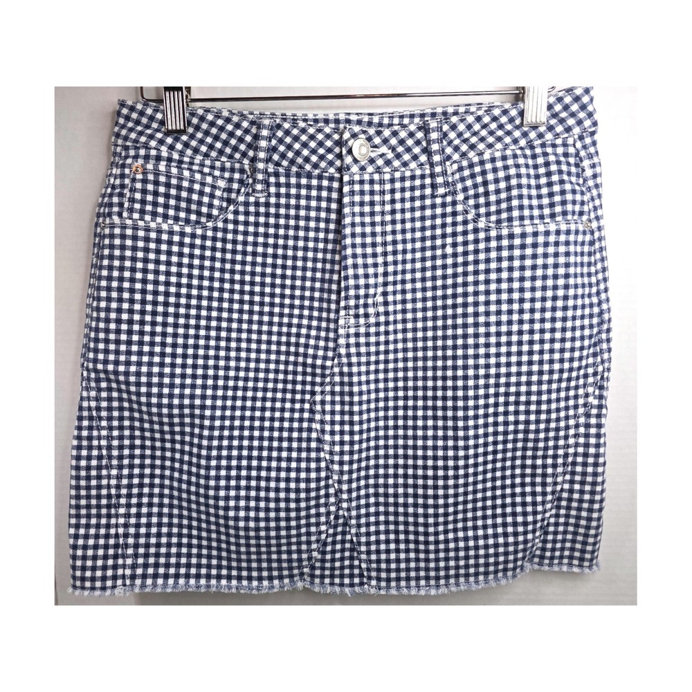 Kensie Jeans Womens Blue White Gingham Mini Skirt Frayed Hem Size 4/27 Stretch